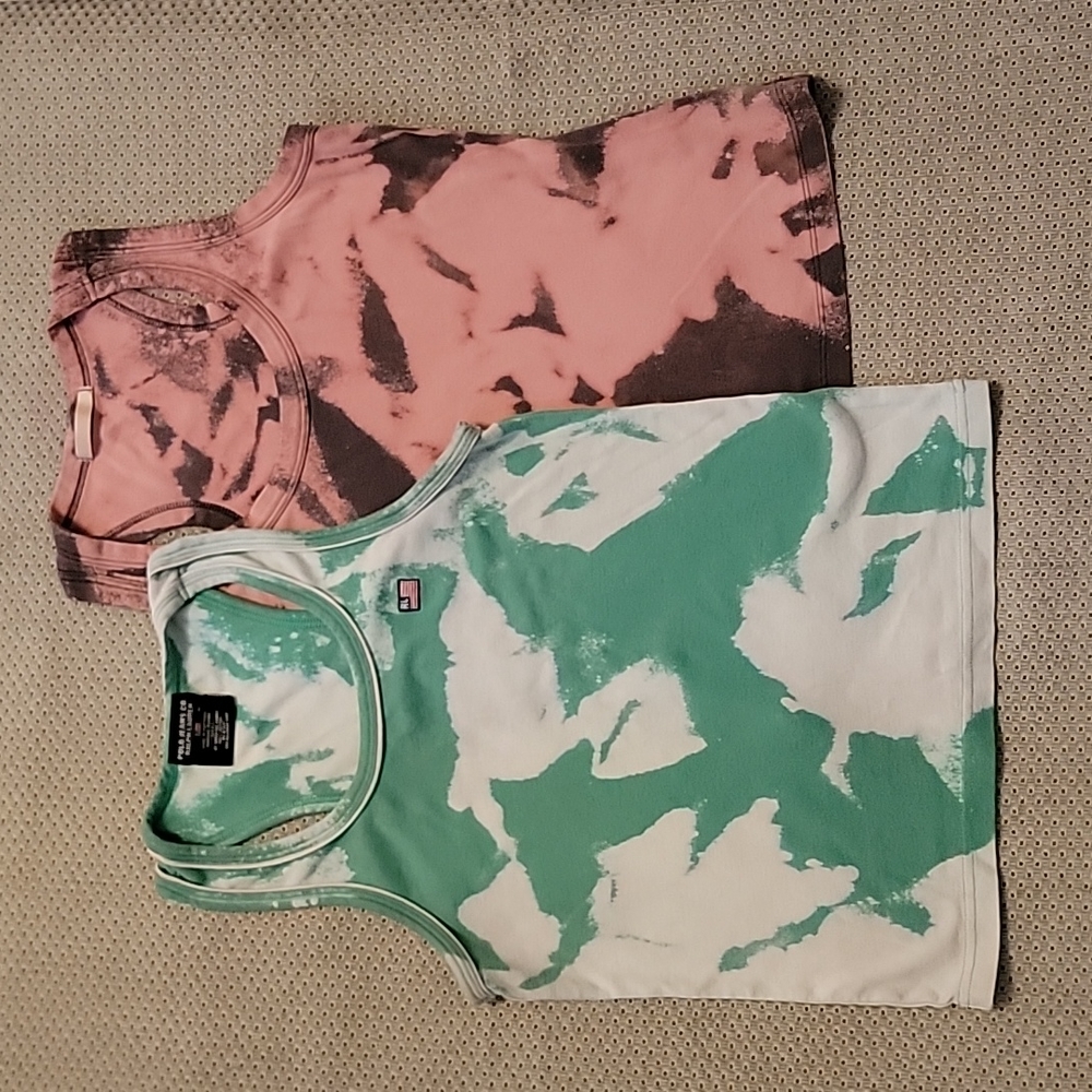 2 EUC Vintage Self Tie-dyed Tanks- Polo R L Green M & Forever 21 Pink L